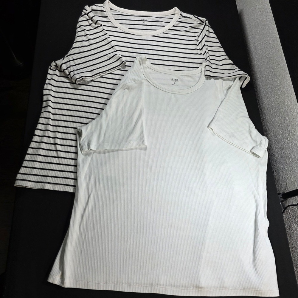 ANA A New Approach Womens XL Ribbed Short Sleeve T-Shirt Lot 2 White_B&W Striped